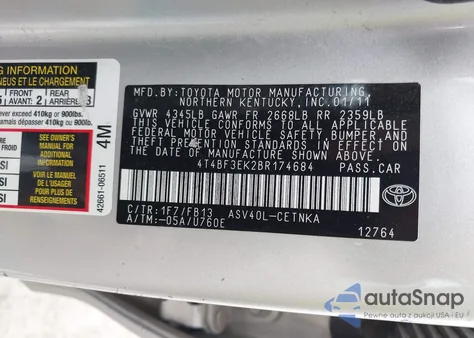 2011 Toyota Camry Le из США, поврежденный, VIN 4T4BF3EK2BR174684